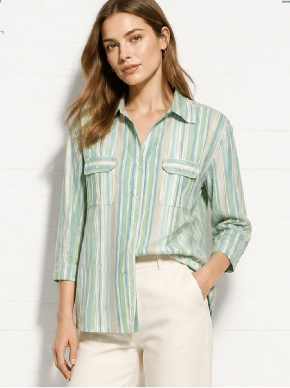 FRESH PRODUCE Shirt Top Stripe Cotton Green Blue Button Down Medium